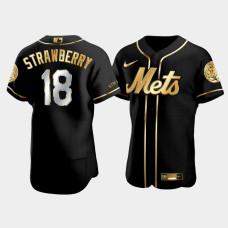 Men's New York Mets Darryl Strawberry #18 Black Golden Edition Authentic Jersey